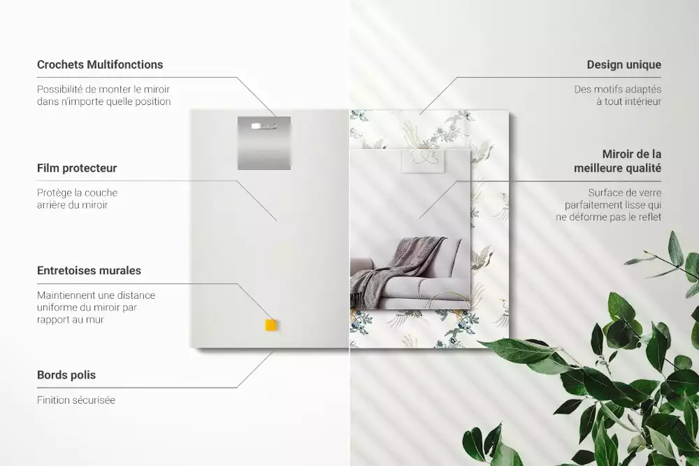 Miroir décoratif rectangulaire Oiseaux et fleurs