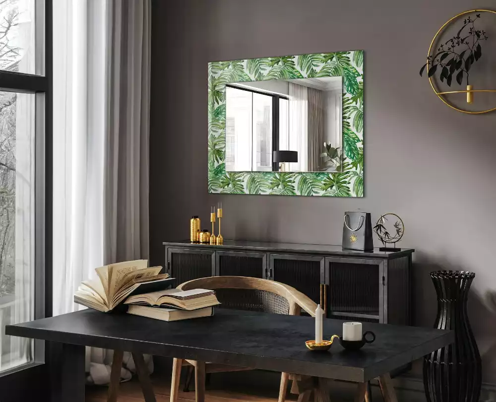 Miroir avec imprimé décoratif rectangulaire Feuilles tropicales vertes