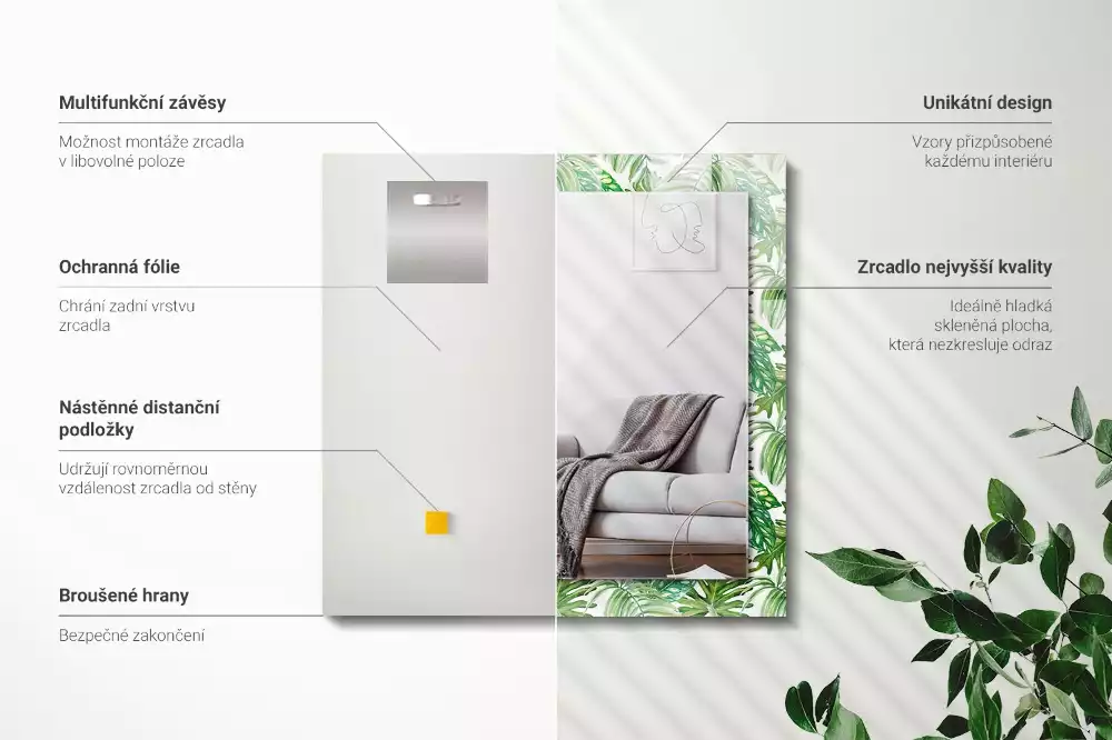 Miroir avec imprimé décoratif rectangulaire Feuilles tropicales vertes