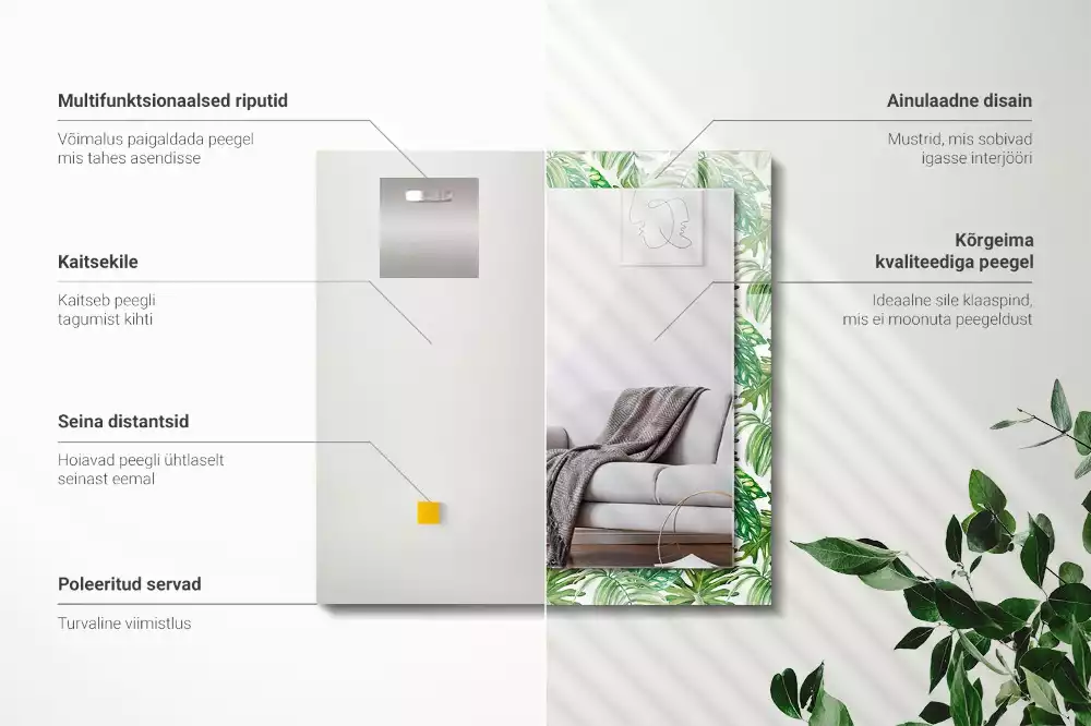 Miroir avec imprimé décoratif rectangulaire Feuilles tropicales vertes