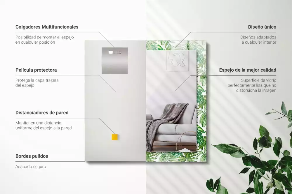 Miroir avec imprimé décoratif rectangulaire Feuilles tropicales vertes