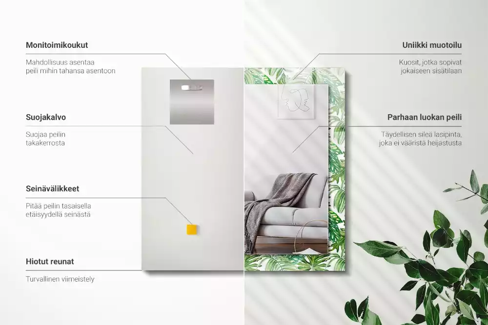 Miroir avec imprimé décoratif rectangulaire Feuilles tropicales vertes