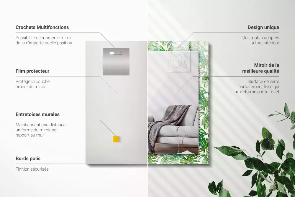 Miroir avec imprimé décoratif rectangulaire Feuilles tropicales vertes