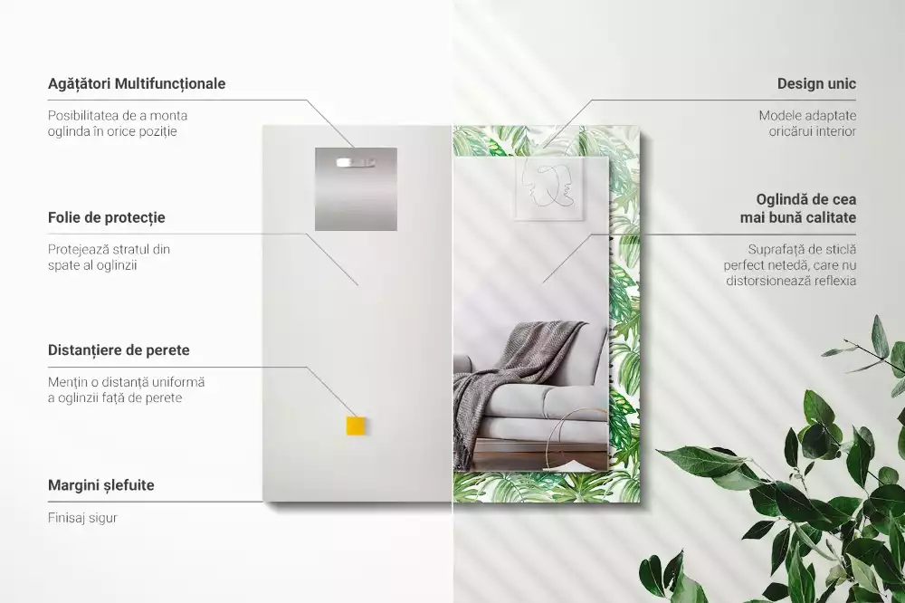 Miroir avec imprimé décoratif rectangulaire Feuilles tropicales vertes