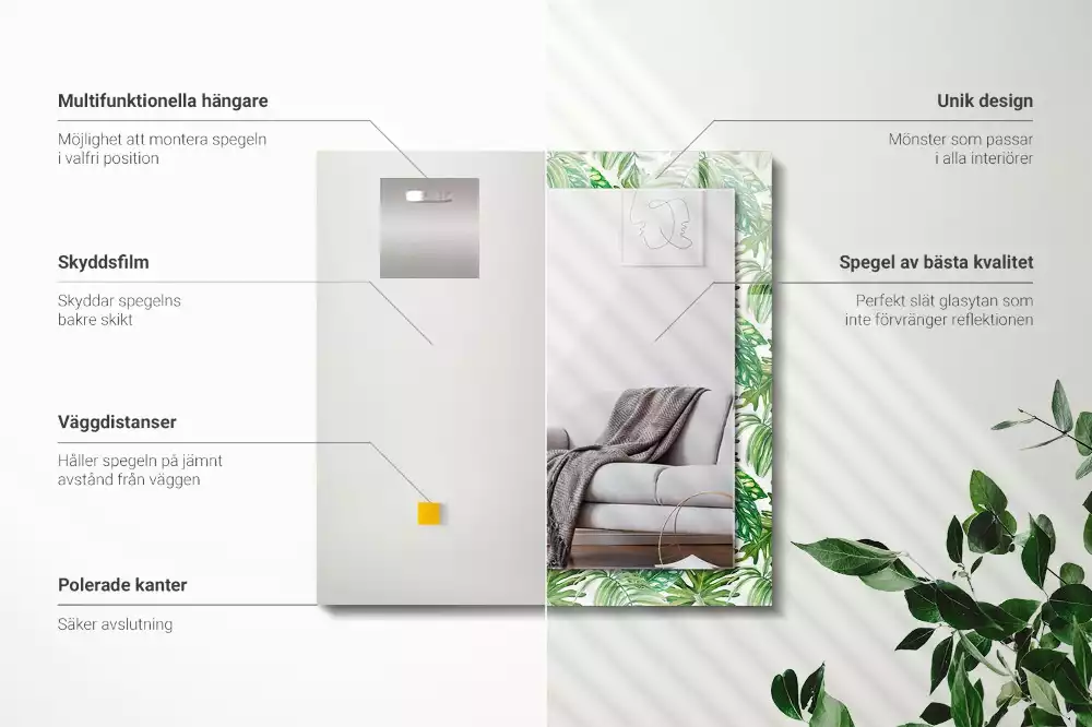 Miroir avec imprimé décoratif rectangulaire Feuilles tropicales vertes