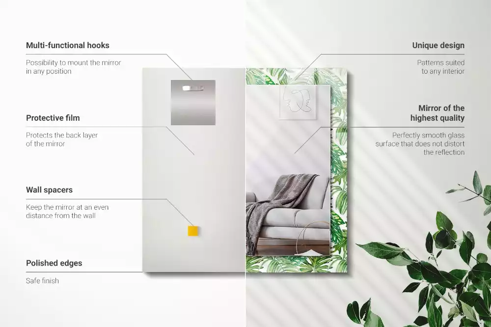 Miroir avec imprimé décoratif rectangulaire Feuilles tropicales vertes