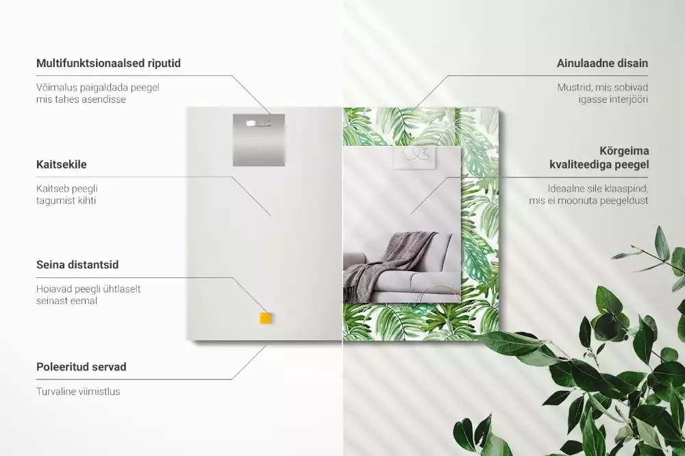 Miroir avec imprimé décoratif rectangulaire Feuilles tropicales vertes