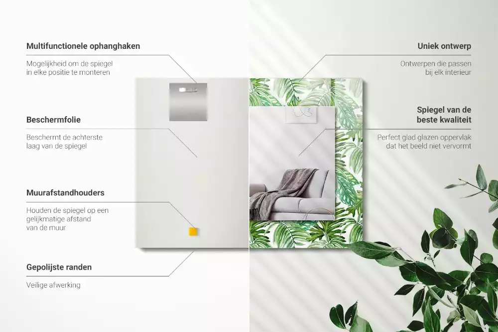 Miroir avec imprimé décoratif rectangulaire Feuilles tropicales vertes