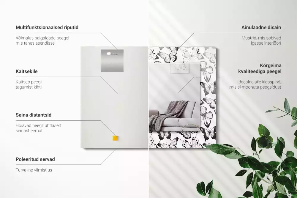 Miroir avec imprimé décoratif rectangulaire Papillons noir et blanc