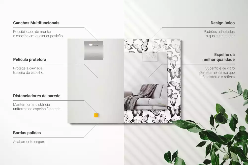 Miroir avec imprimé décoratif rectangulaire Papillons noir et blanc