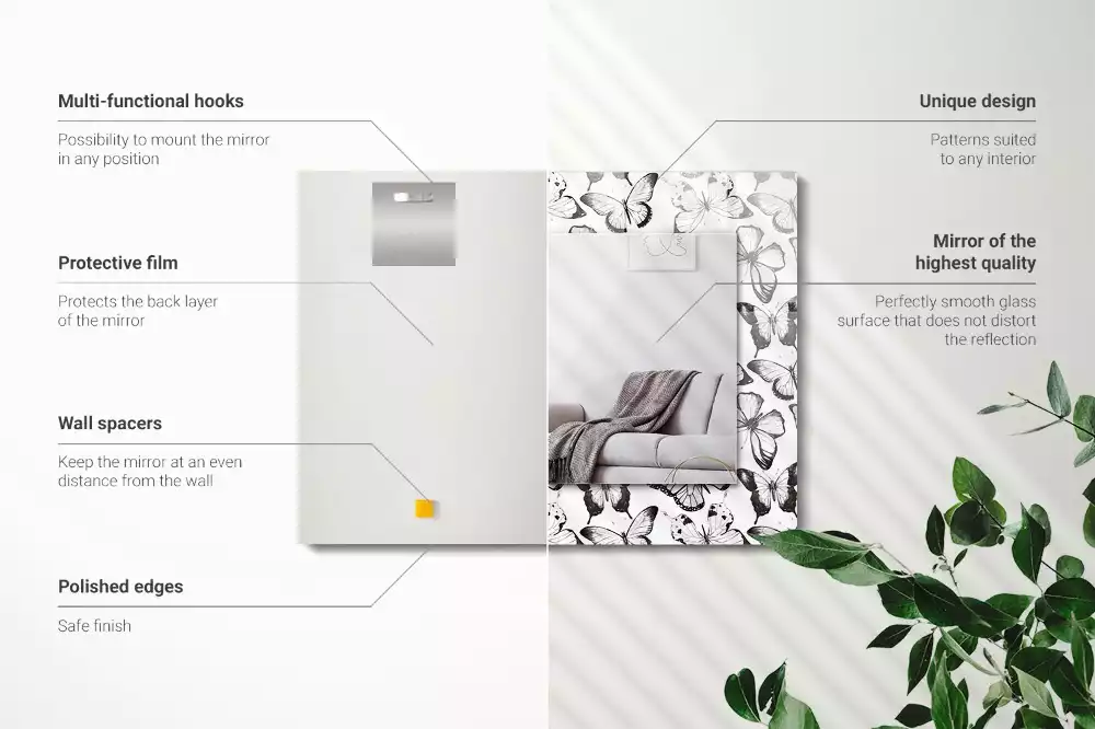 Miroir avec imprimé décoratif rectangulaire Papillons noir et blanc