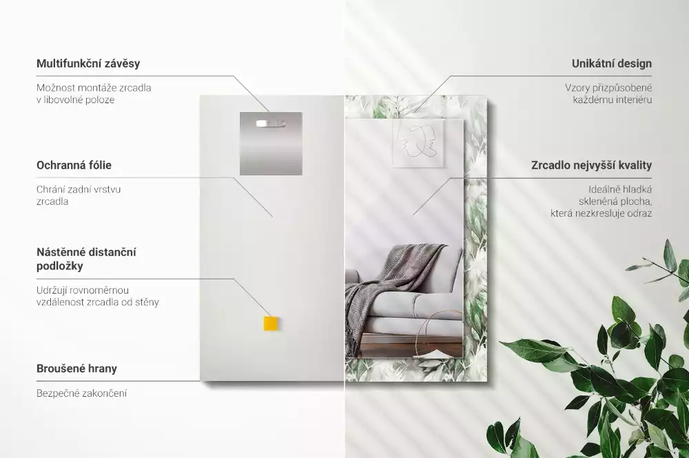 Miroir avec imprimé rectangulaire Feuilles vertes motif