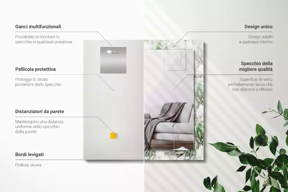 Miroir avec imprimé rectangulaire Feuilles vertes motif