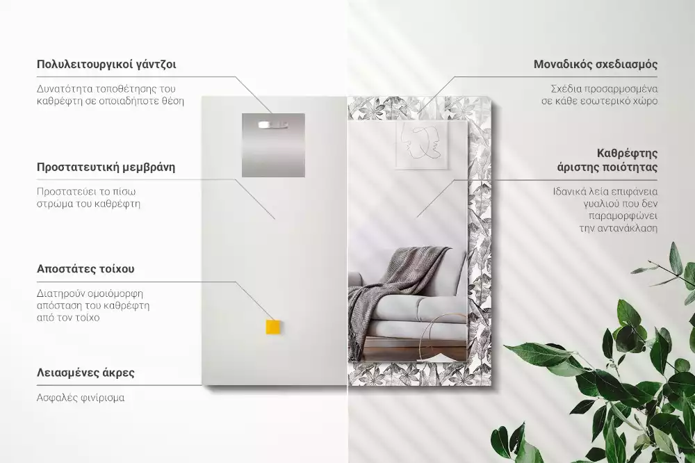 Miroir avec imprimé décoratif rectangulaire Feuilles et fleurs