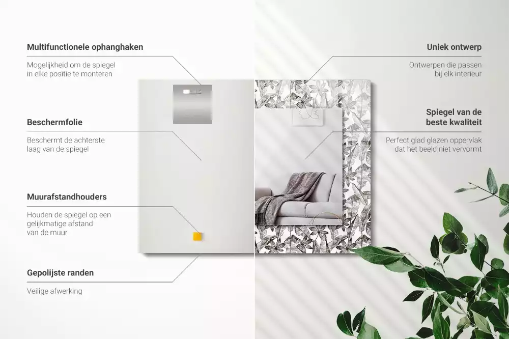 Miroir avec imprimé décoratif rectangulaire Feuilles et fleurs