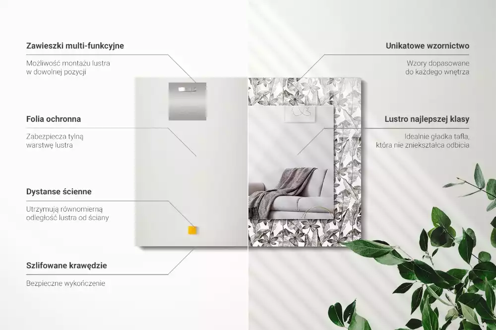 Miroir avec imprimé décoratif rectangulaire Feuilles et fleurs