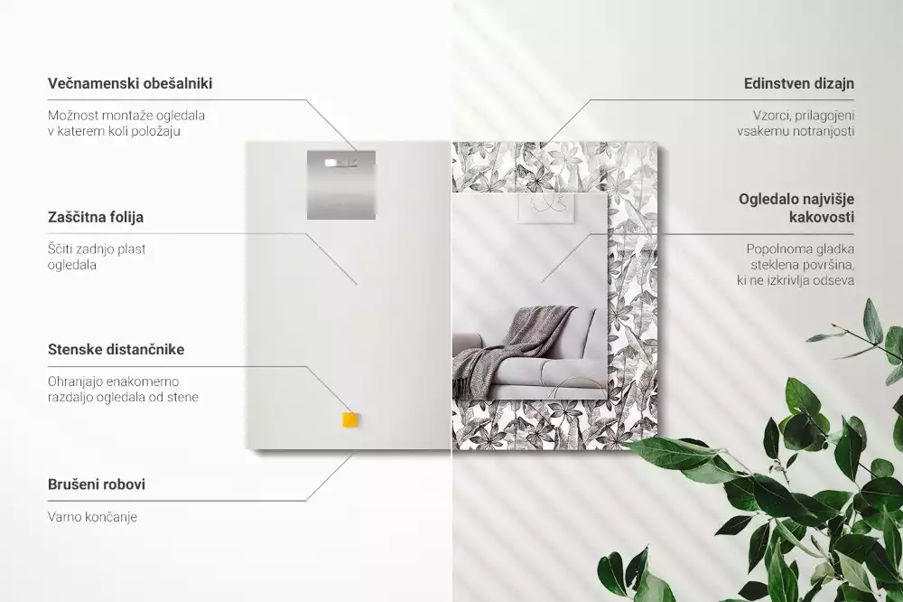 Miroir avec imprimé décoratif rectangulaire Feuilles et fleurs