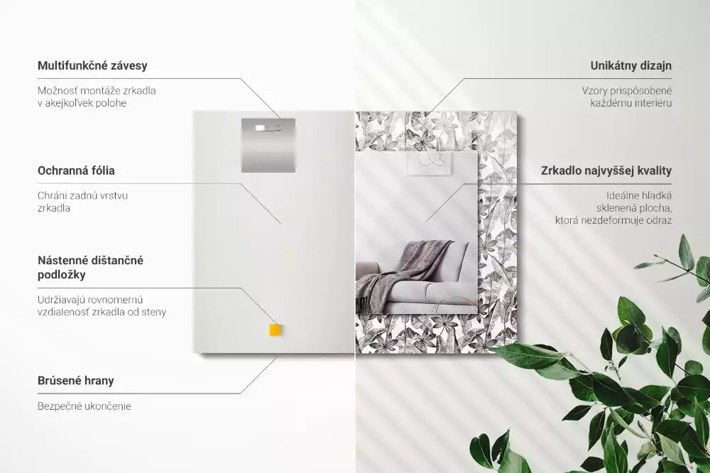 Miroir avec imprimé décoratif rectangulaire Feuilles et fleurs