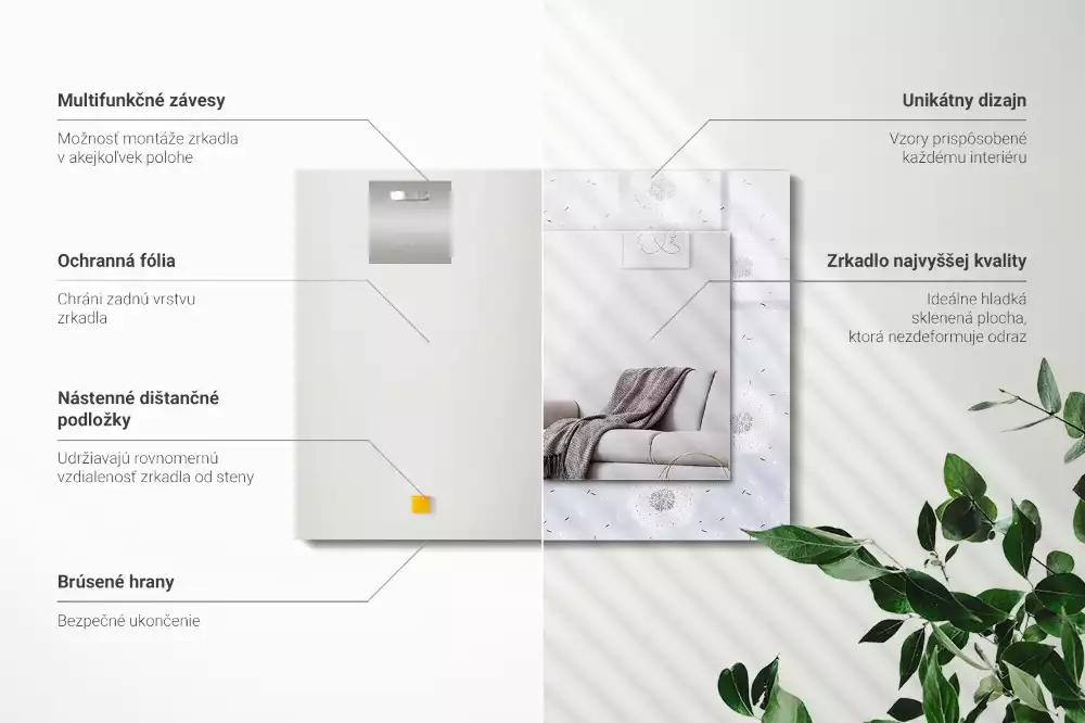 Miroir avec imprimé décoratif rectangulaire Pissenlits fleurs