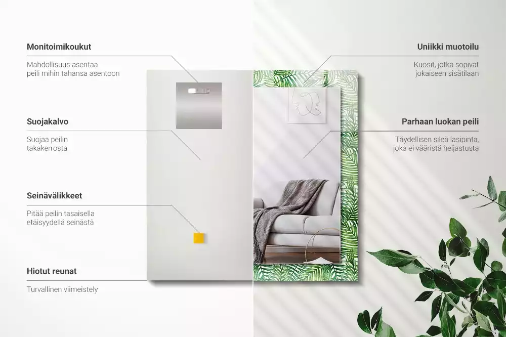 Miroir avec imprimé décoratif rectangulaire Feuilles de palmier vertes