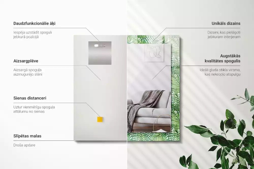 Miroir avec imprimé décoratif rectangulaire Feuilles de palmier vertes