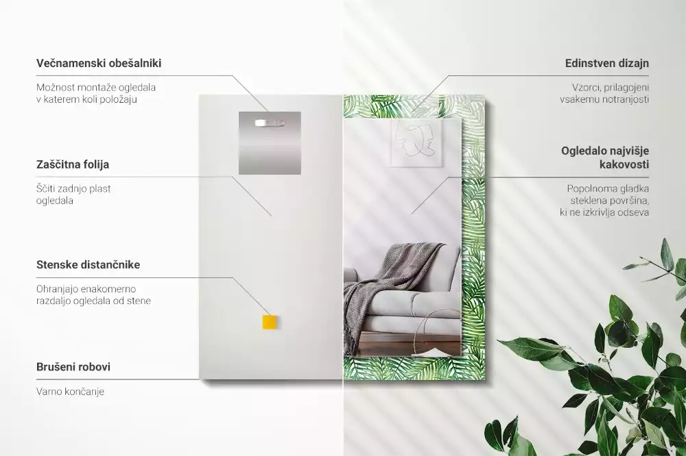 Miroir avec imprimé décoratif rectangulaire Feuilles de palmier vertes