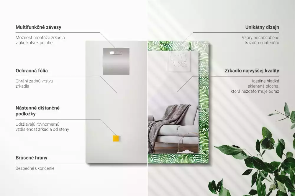 Miroir avec imprimé décoratif rectangulaire Feuilles de palmier vertes