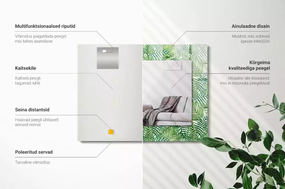 Miroir avec imprimé décoratif rectangulaire Feuilles de palmier vertes