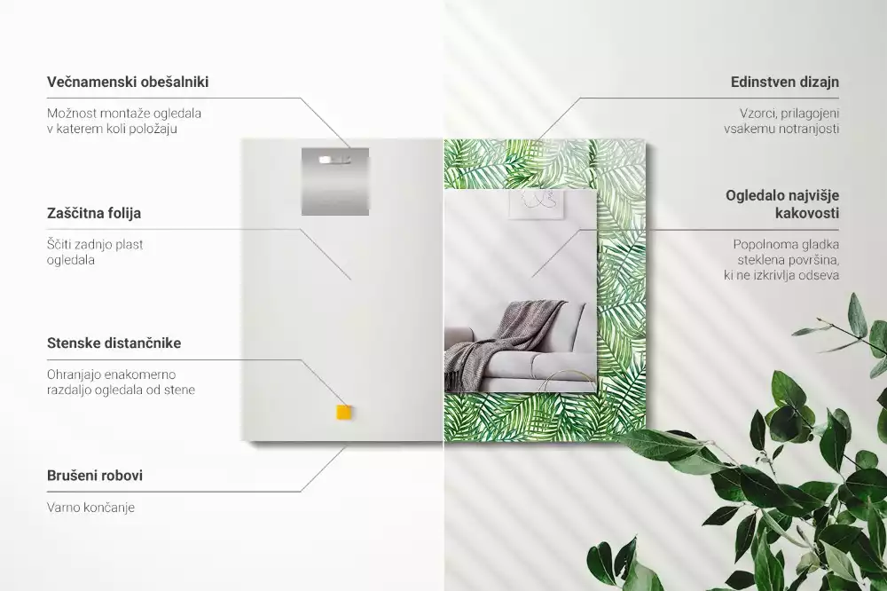 Miroir avec imprimé décoratif rectangulaire Feuilles de palmier vertes