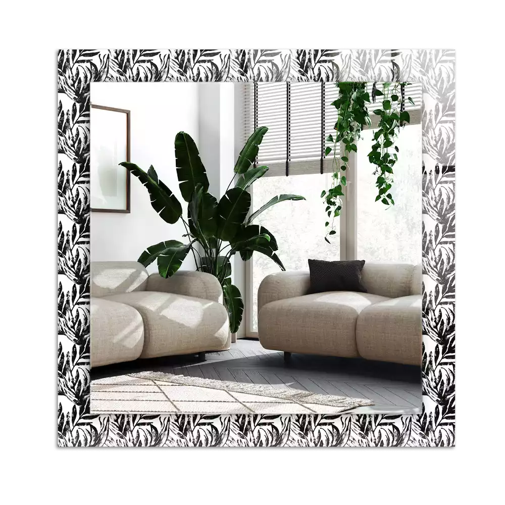 Miroir avec imprimé rectangulaire Feuilles noir et blanc
