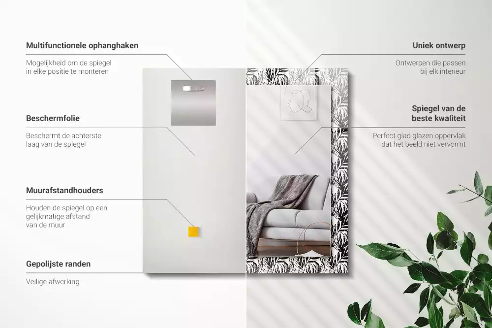 Miroir avec imprimé rectangulaire Feuilles noir et blanc