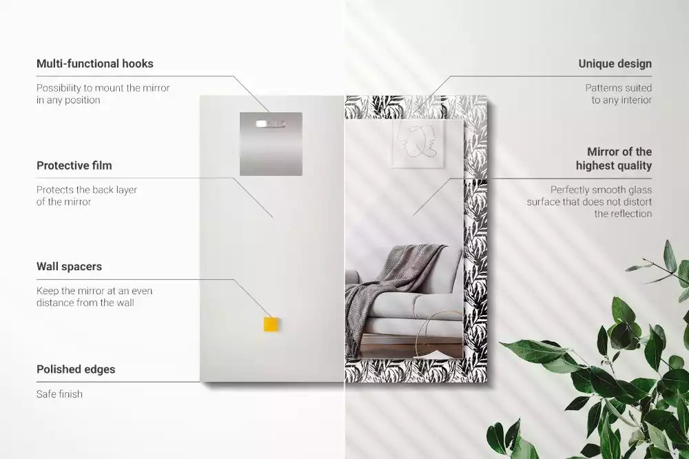 Miroir avec imprimé rectangulaire Feuilles noir et blanc