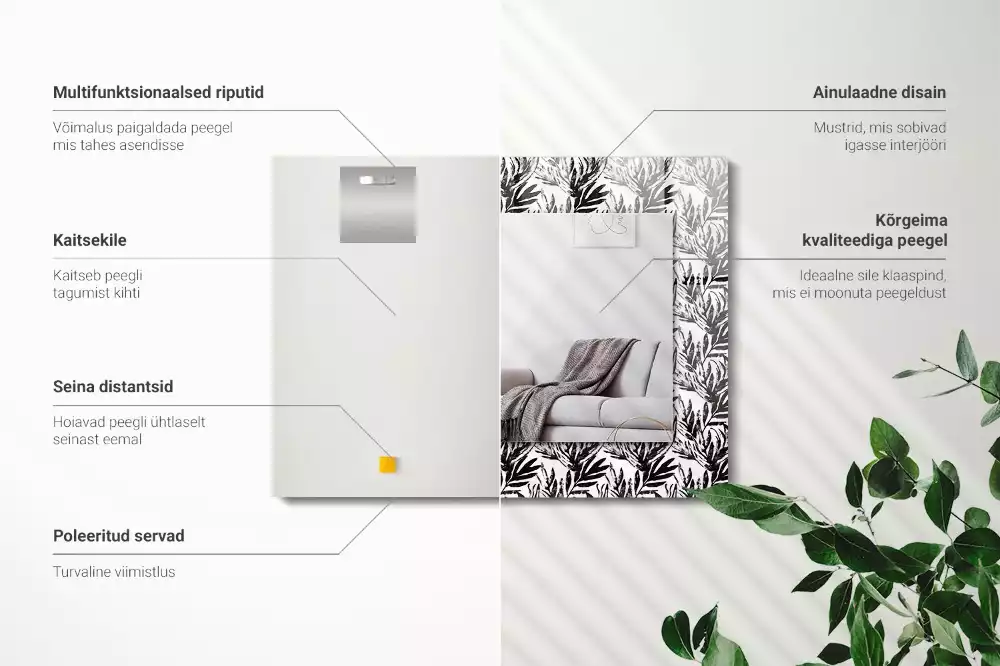 Miroir avec imprimé rectangulaire Feuilles noir et blanc