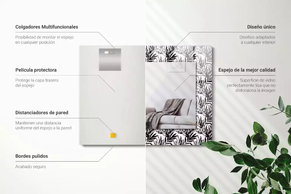 Miroir avec imprimé rectangulaire Feuilles noir et blanc