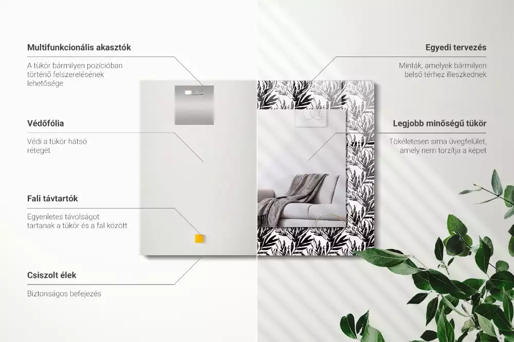 Miroir avec imprimé rectangulaire Feuilles noir et blanc