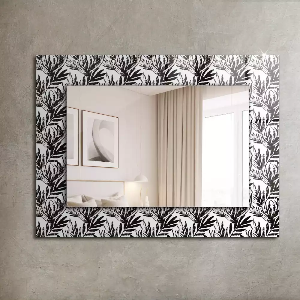 Miroir avec imprimé rectangulaire Feuilles noir et blanc