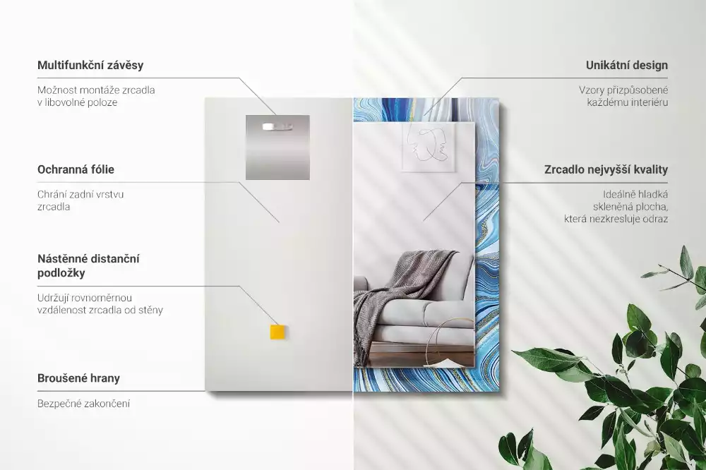 Miroir avec imprimé décoratif rectangulaire Motif abstrait bleu