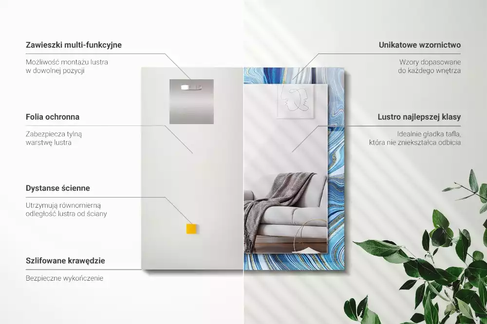 Miroir avec imprimé décoratif rectangulaire Motif abstrait bleu