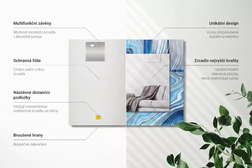 Miroir avec imprimé décoratif rectangulaire Motif abstrait bleu