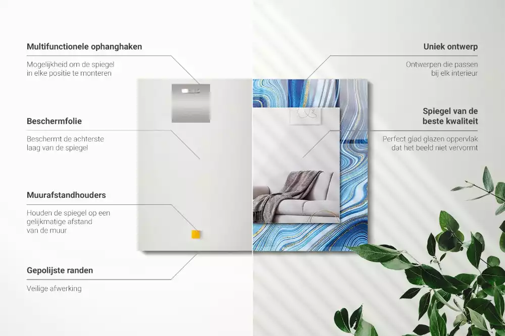 Miroir avec imprimé décoratif rectangulaire Motif abstrait bleu