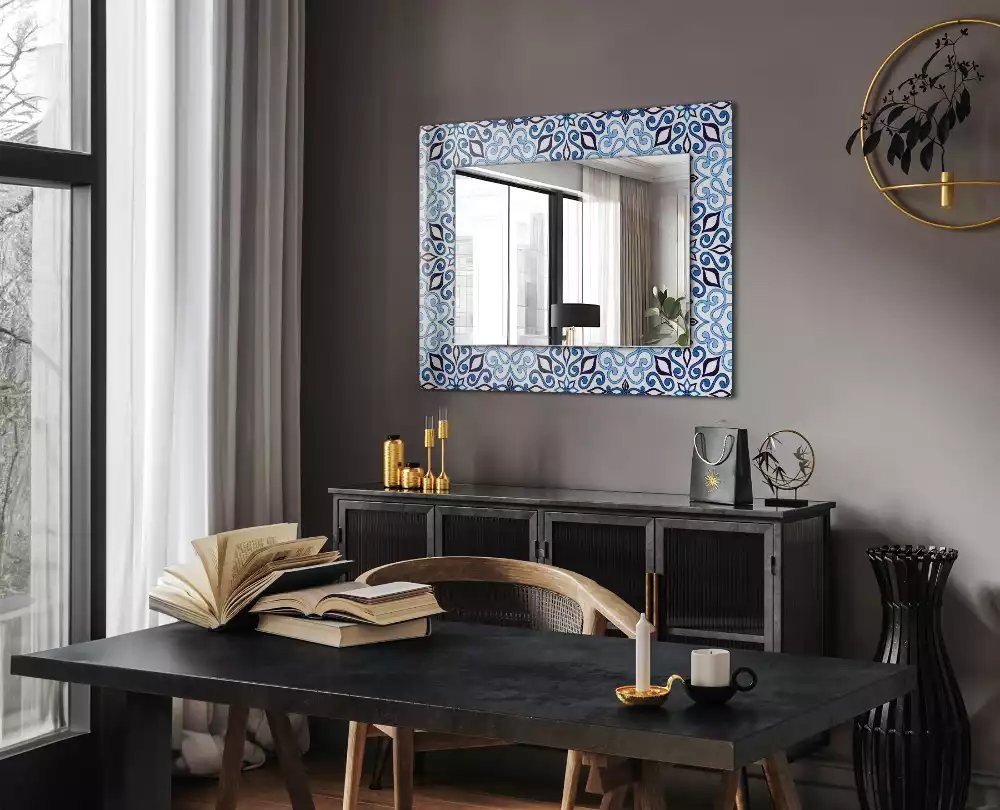 Miroir avec imprimé rectangulaire Motif ornemental bleu