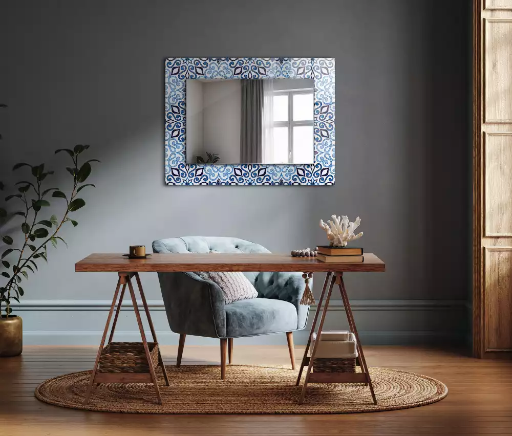 Miroir avec imprimé rectangulaire Motif ornemental bleu