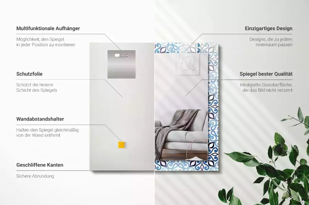 Miroir avec imprimé rectangulaire Motif ornemental bleu