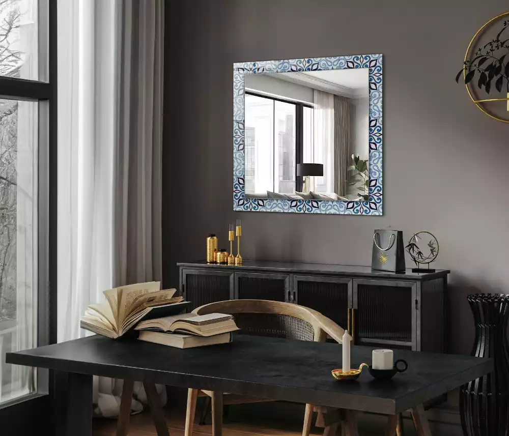 Miroir avec imprimé rectangulaire Motif ornemental bleu