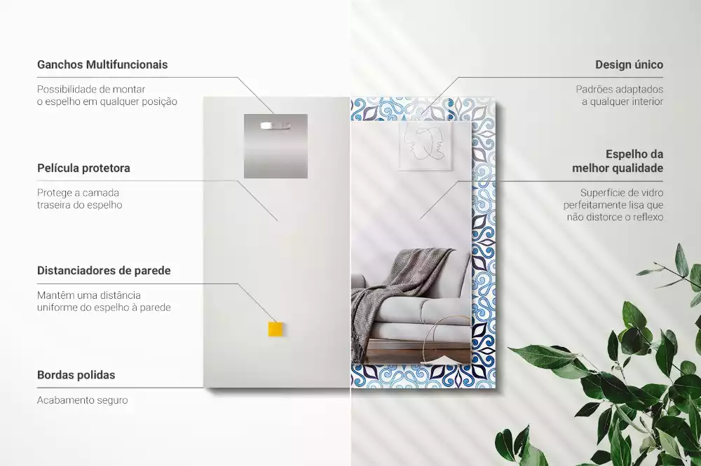 Miroir avec imprimé rectangulaire Motif ornemental bleu