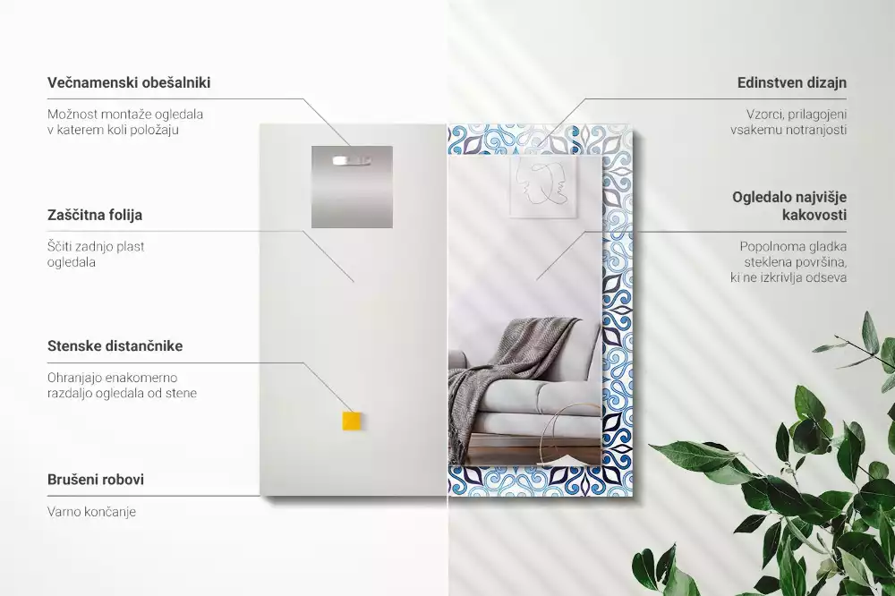 Miroir avec imprimé rectangulaire Motif ornemental bleu