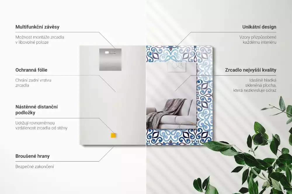 Miroir avec imprimé rectangulaire Motif ornemental bleu