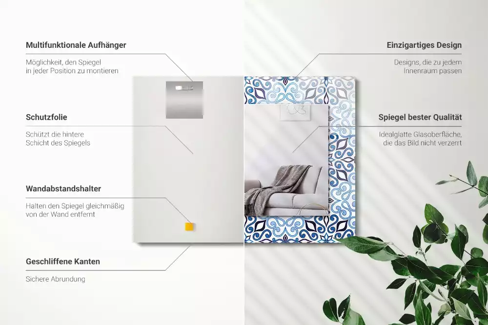 Miroir avec imprimé rectangulaire Motif ornemental bleu