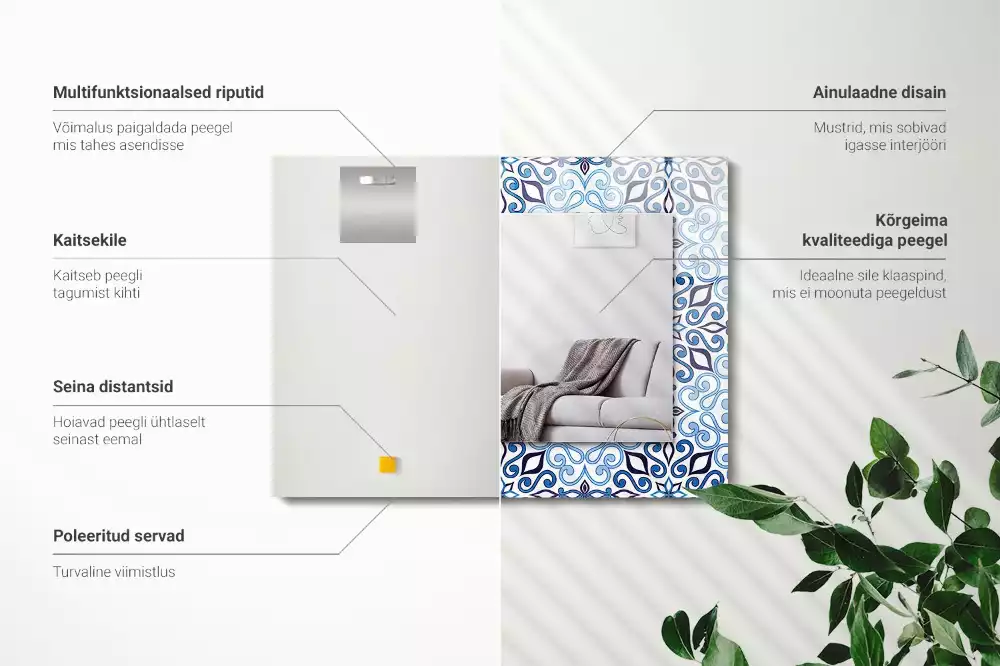 Miroir avec imprimé rectangulaire Motif ornemental bleu