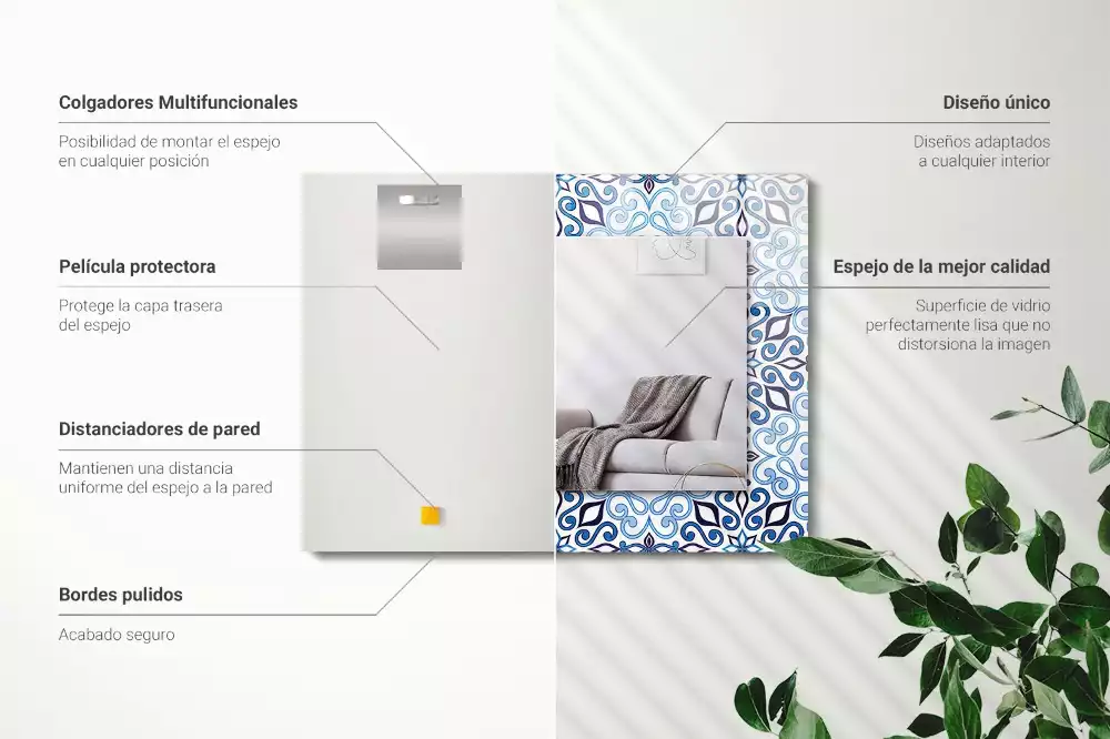 Miroir avec imprimé rectangulaire Motif ornemental bleu